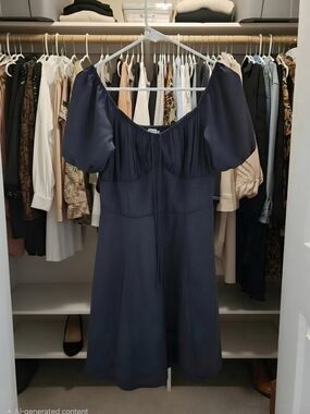 Women's Navy Puff-Sleeve Midi Dress